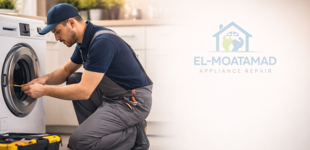 فني صيانة يصين غسالة في المطبخ